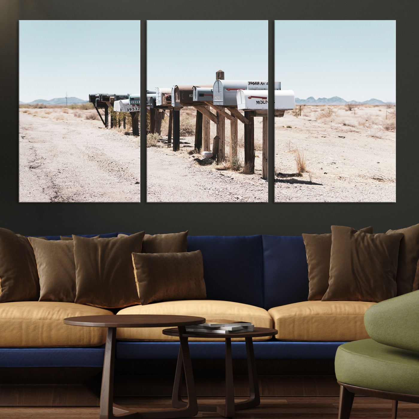 54616109-MGV-CV-36X24-Desert Mailboxes Canvas Print – Minimal Western Landscape Photography, Rustic Americana Wall Art for Entryway, Office & Hallway Decor