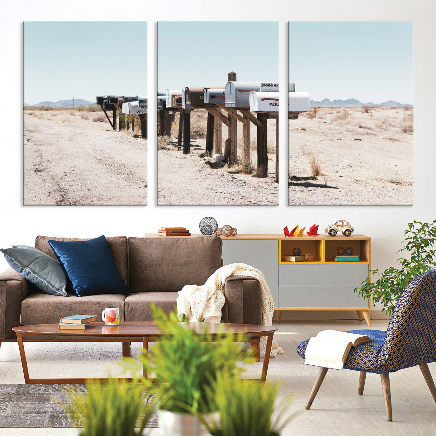 54616109-MGV-CV-36X24-Desert Mailboxes Canvas Print – Minimal Western Landscape Photography, Rustic Americana Wall Art for Entryway, Office & Hallway Decor
