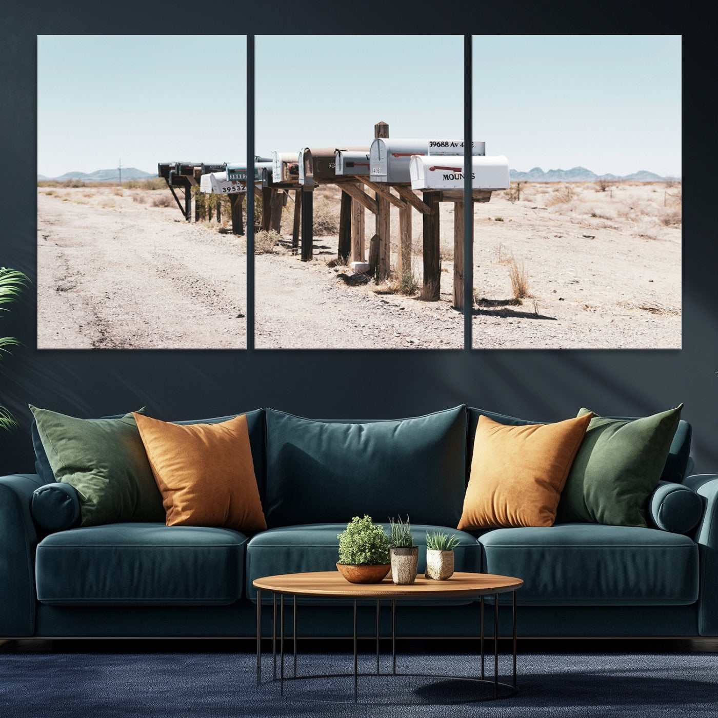 54616109-MGV-CV-36X24-Desert Mailboxes Canvas Print – Minimal Western Landscape Photography, Rustic Americana Wall Art for Entryway, Office & Hallway Decor