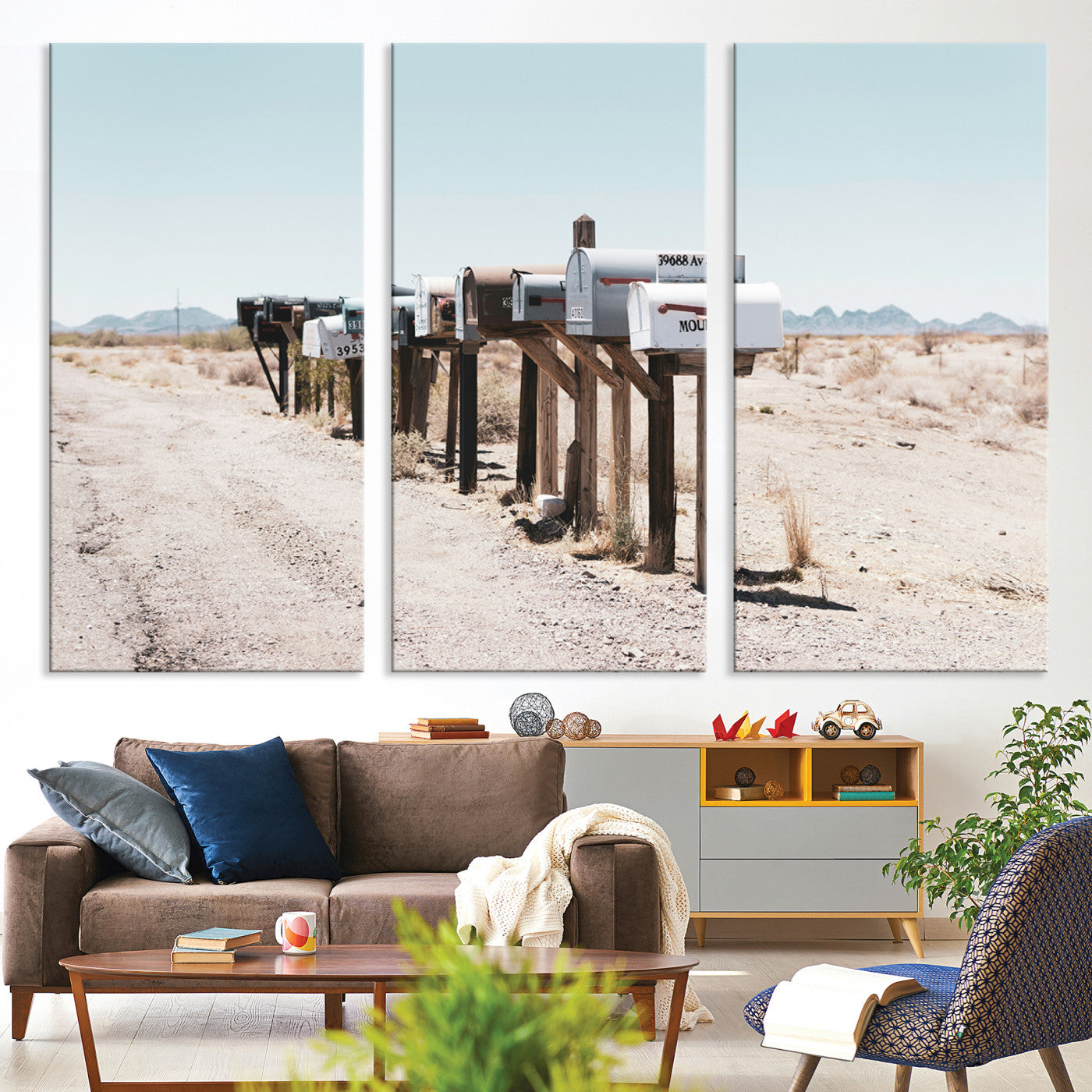 54616109-MGV-CV-36X24-Desert Mailboxes Canvas Print – Minimal Western Landscape Photography, Rustic Americana Wall Art for Entryway, Office & Hallway Decor