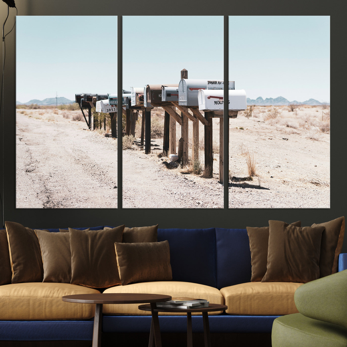 54616109-MGV-CV-36X24-Desert Mailboxes Canvas Print – Minimal Western Landscape Photography, Rustic Americana Wall Art for Entryway, Office & Hallway Decor