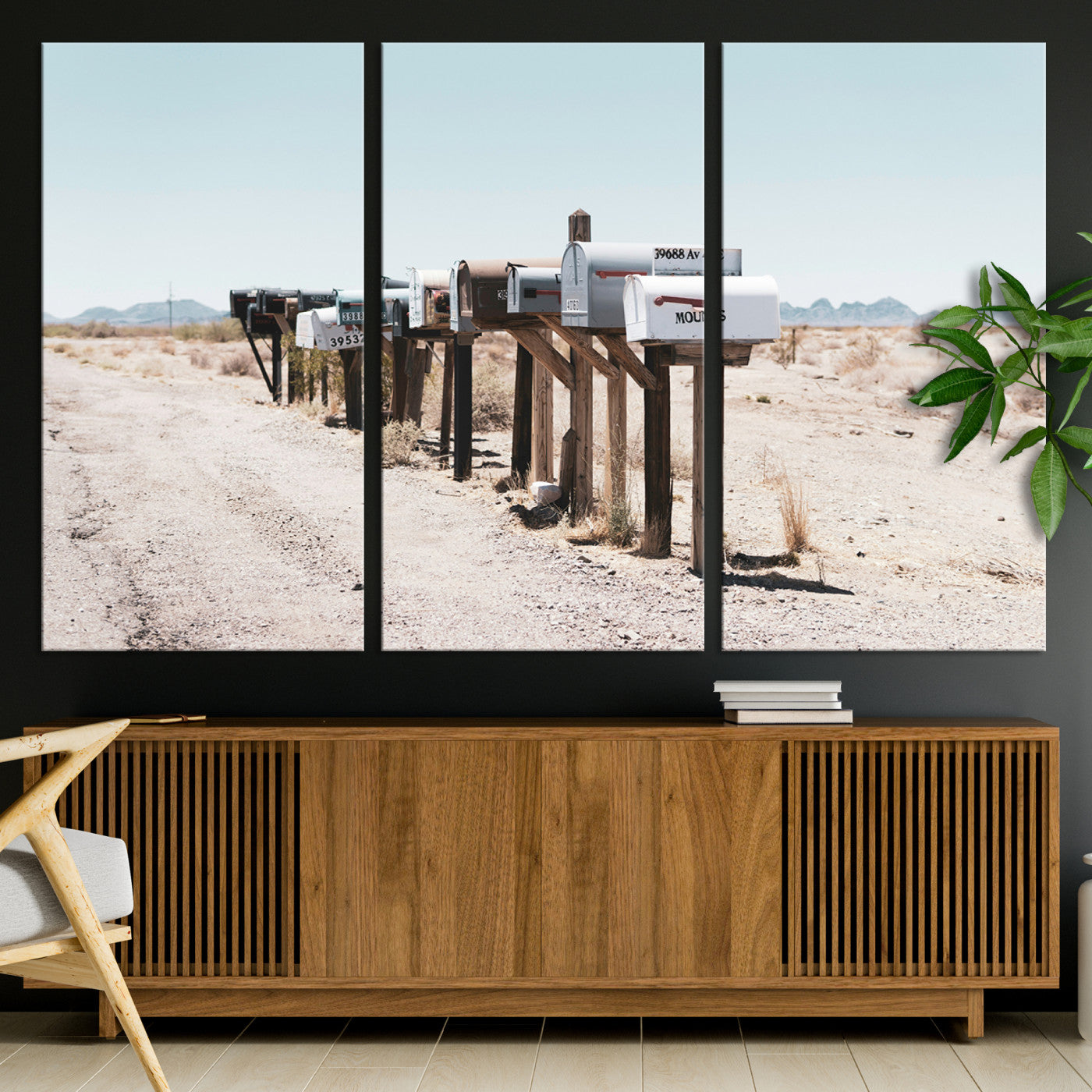 54616109-MGV-CV-36X24-Desert Mailboxes Canvas Print – Minimal Western Landscape Photography, Rustic Americana Wall Art for Entryway, Office & Hallway Decor