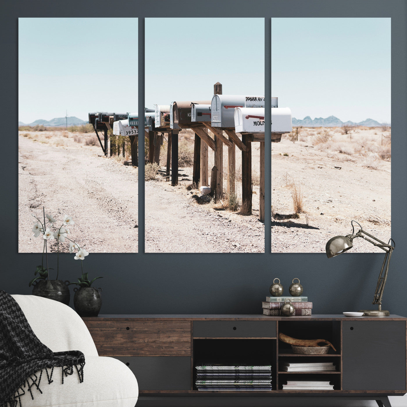 54616109-MGV-CV-36X24-Desert Mailboxes Canvas Print – Minimal Western Landscape Photography, Rustic Americana Wall Art for Entryway, Office & Hallway Decor