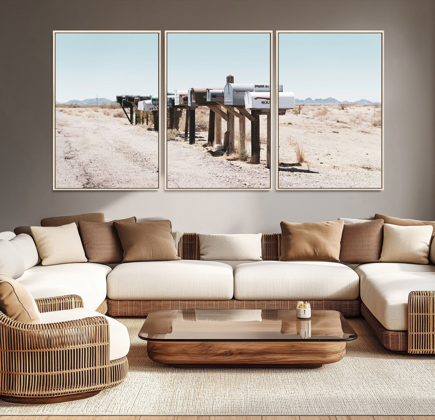 54616109-MGV-CV-36X24-Desert Mailboxes Canvas Print – Minimal Western Landscape Photography, Rustic Americana Wall Art for Entryway, Office & Hallway Decor