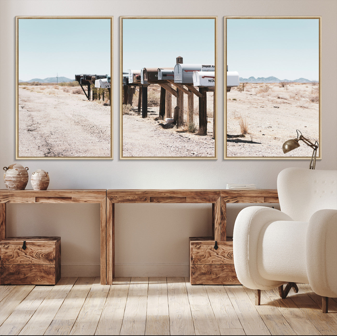 54616109-MGV-CV-36X24-Desert Mailboxes Canvas Print – Minimal Western Landscape Photography, Rustic Americana Wall Art for Entryway, Office & Hallway Decor