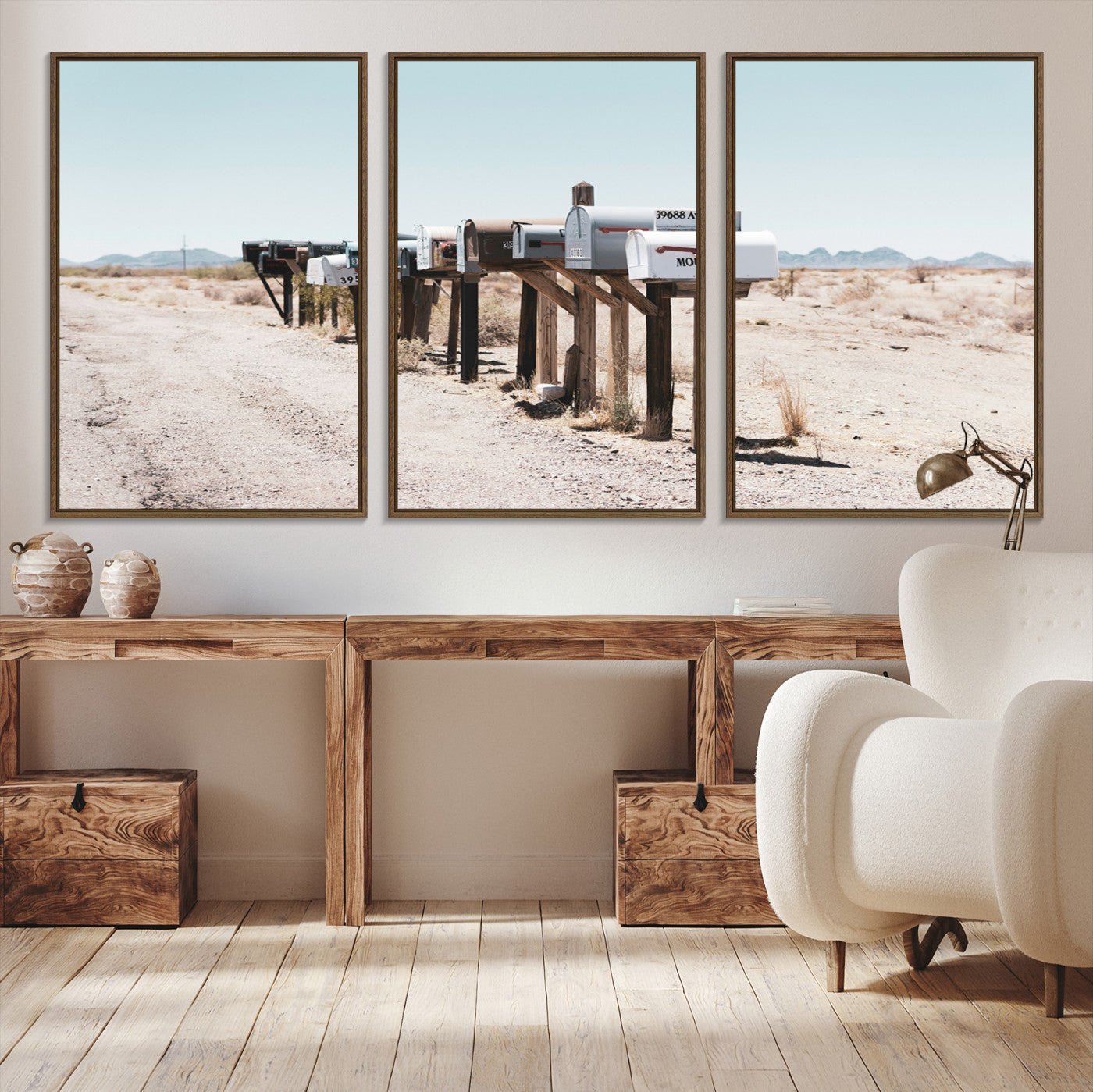 54616109-MGV-CV-36X24-Desert Mailboxes Canvas Print – Minimal Western Landscape Photography, Rustic Americana Wall Art for Entryway, Office & Hallway Decor