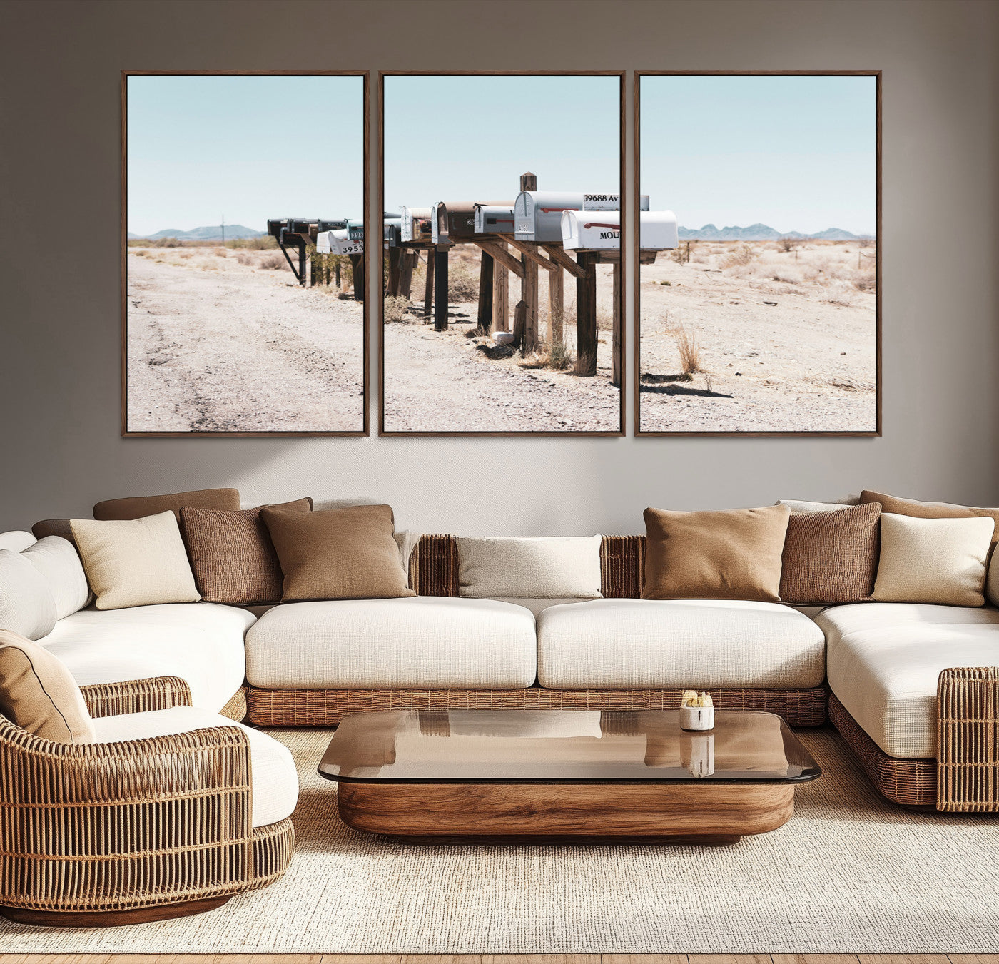 54616109-MGV-CV-36X24-Desert Mailboxes Canvas Print – Minimal Western Landscape Photography, Rustic Americana Wall Art for Entryway, Office & Hallway Decor
