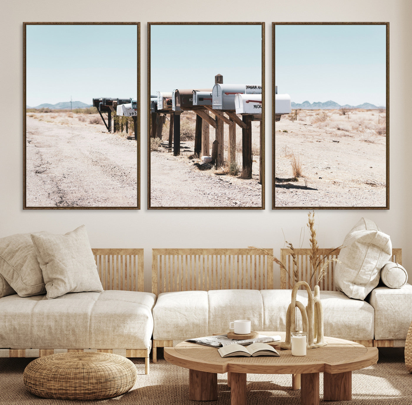 54616109-MGV-CV-36X24-Desert Mailboxes Canvas Print – Minimal Western Landscape Photography, Rustic Americana Wall Art for Entryway, Office & Hallway Decor