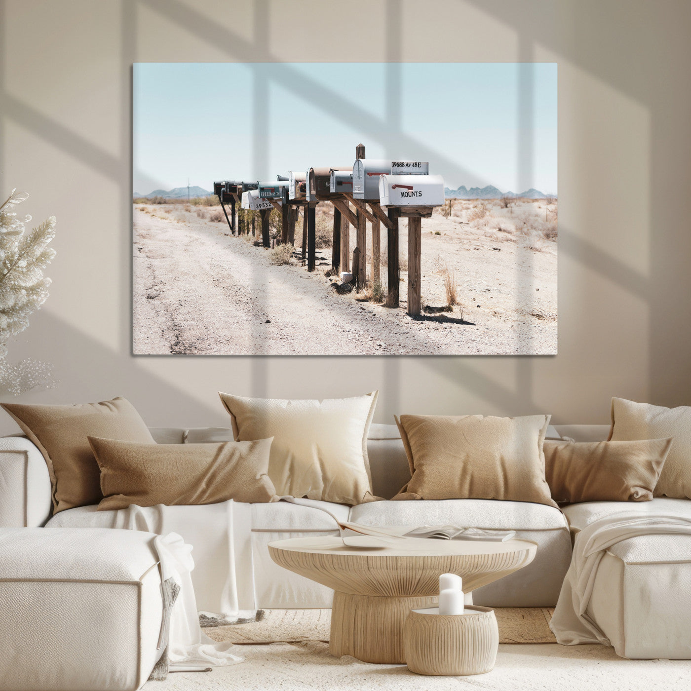 54616109-MGV-CV-36X24-Desert Mailboxes Canvas Print – Minimal Western Landscape Photography, Rustic Americana Wall Art for Entryway, Office & Hallway Decor