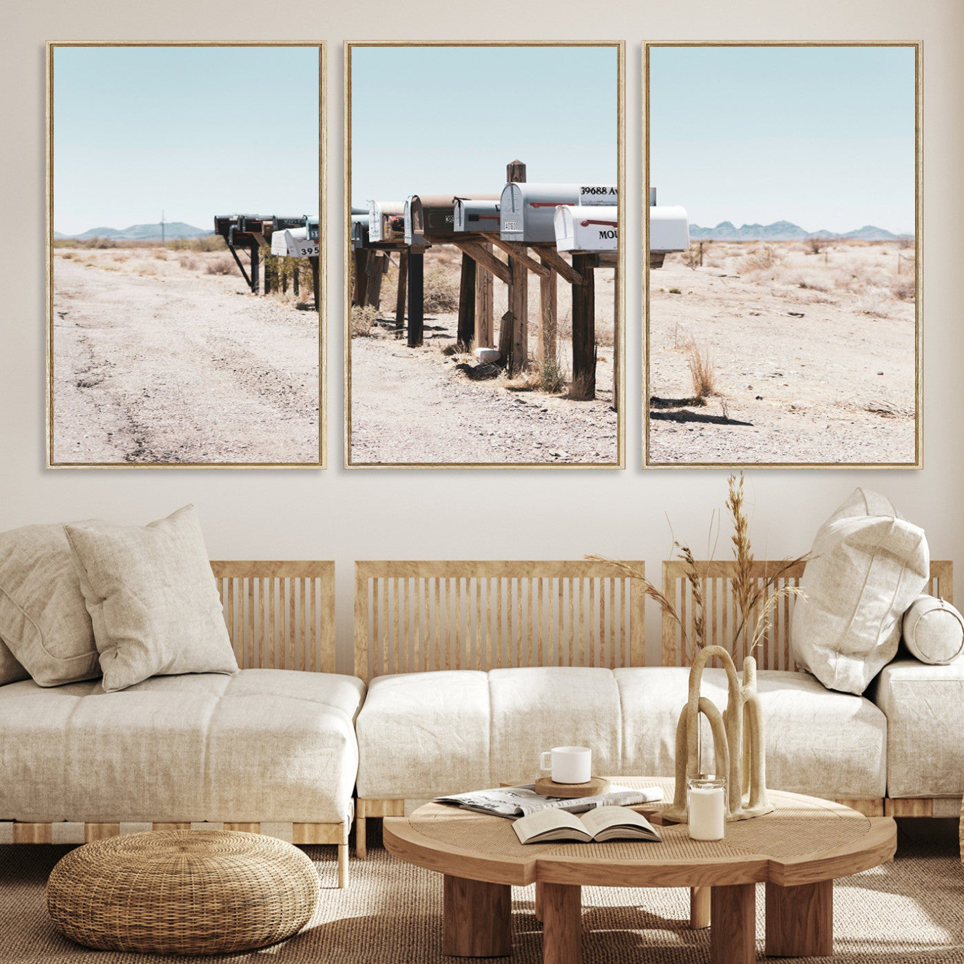 54616109-MGV-CV-36X24-Desert Mailboxes Canvas Print – Minimal Western Landscape Photography, Rustic Americana Wall Art for Entryway, Office & Hallway Decor
