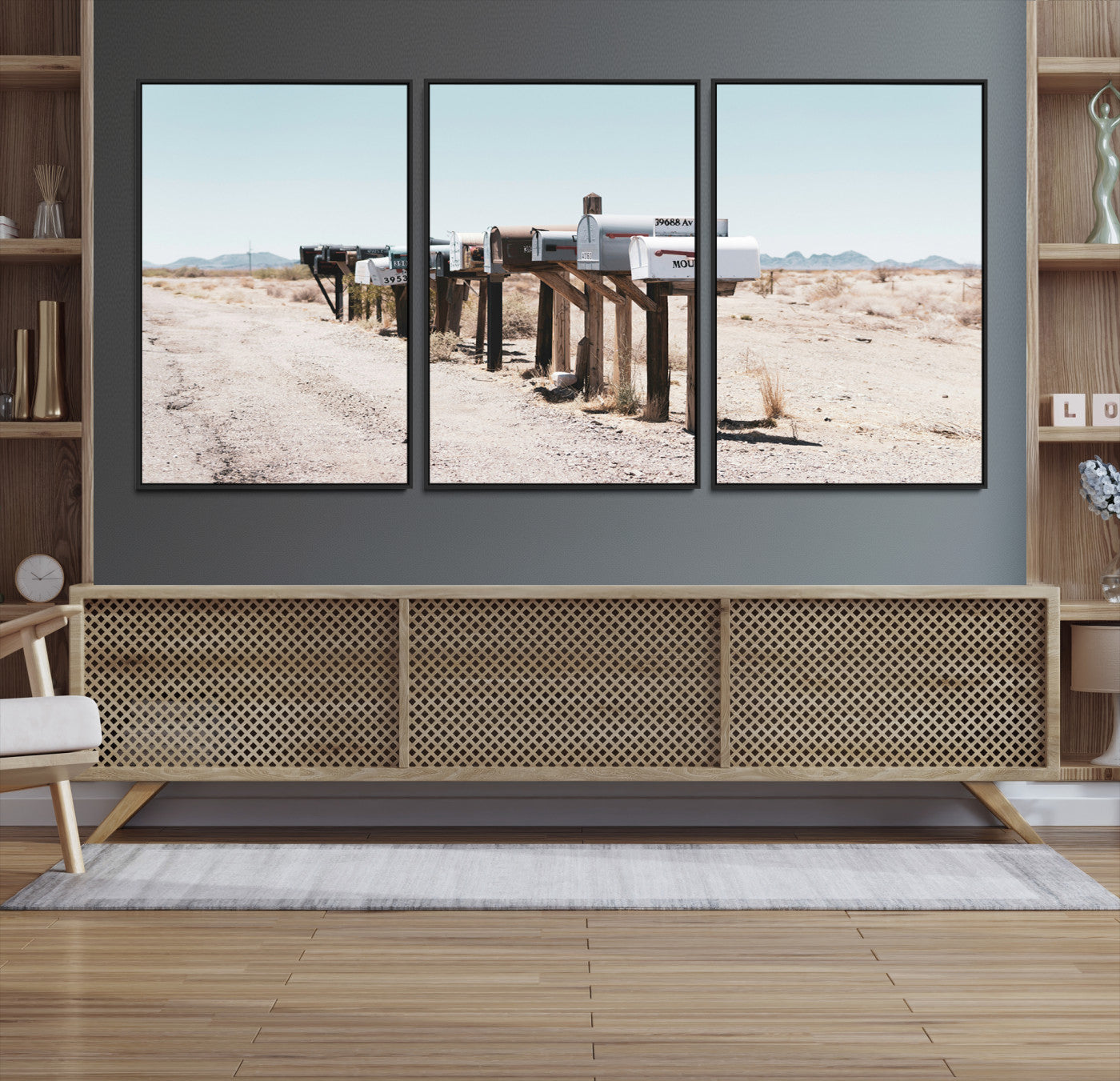 54616109-MGV-CV-36X24-Desert Mailboxes Canvas Print – Minimal Western Landscape Photography, Rustic Americana Wall Art for Entryway, Office & Hallway Decor