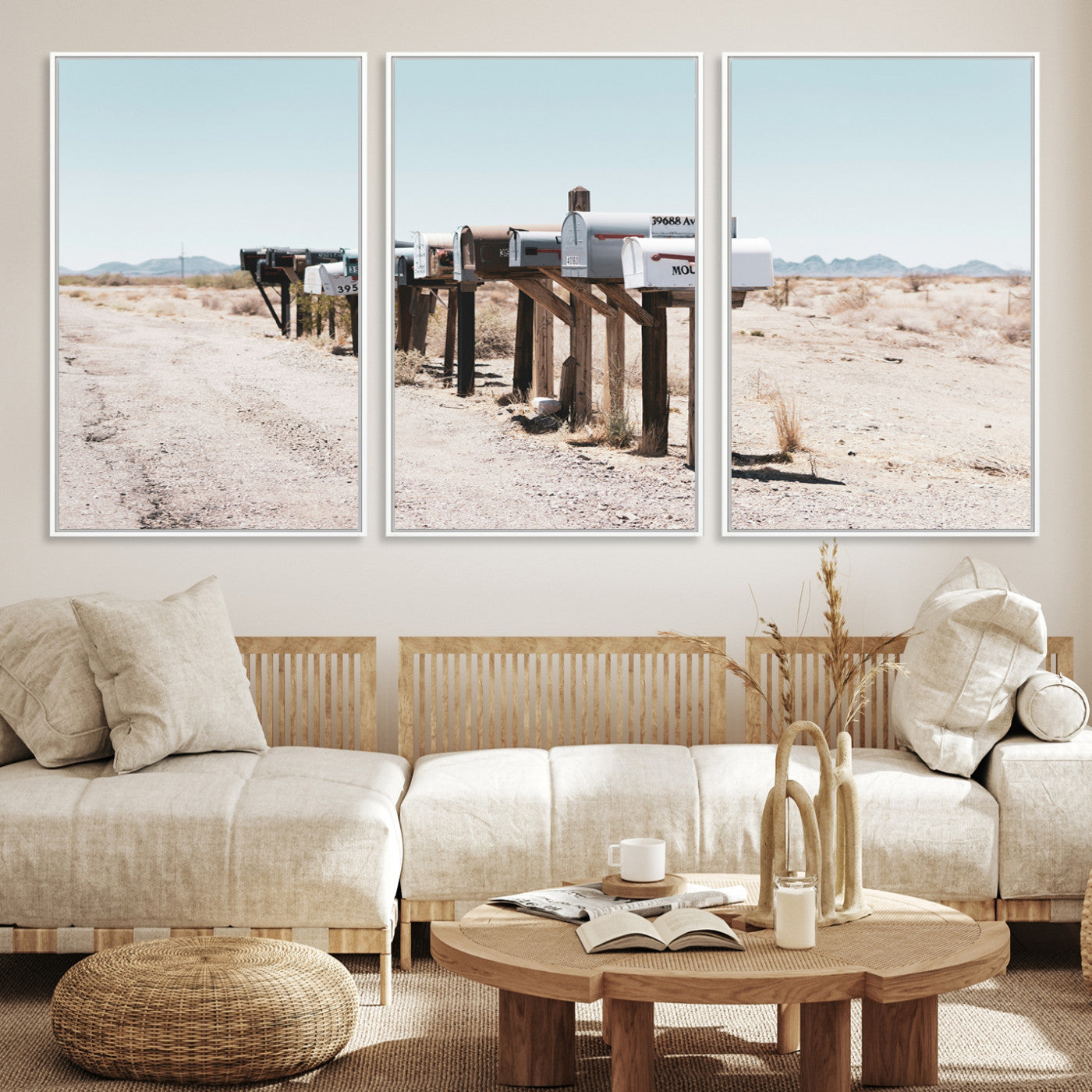 54616109-MGV-CV-36X24-Desert Mailboxes Canvas Print – Minimal Western Landscape Photography, Rustic Americana Wall Art for Entryway, Office & Hallway Decor