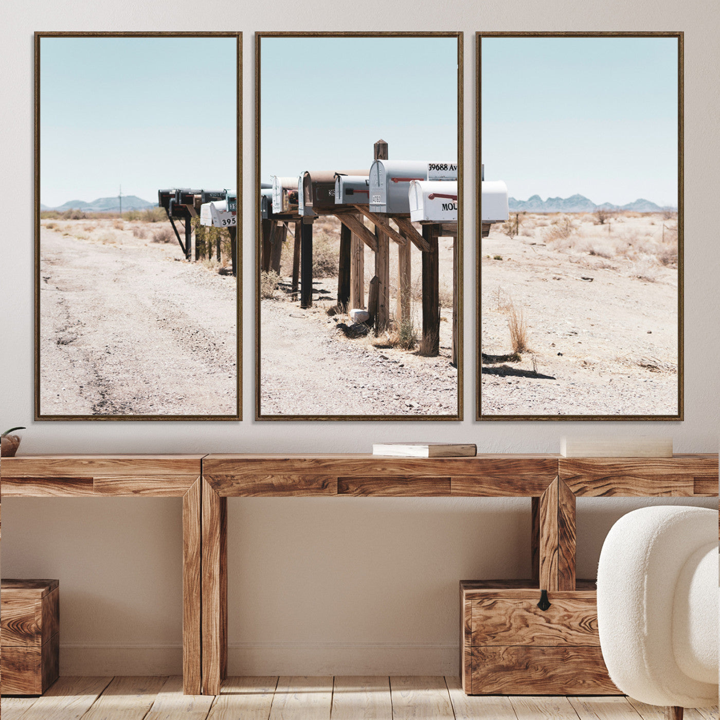 54616109-MGV-CV-36X24-Desert Mailboxes Canvas Print – Minimal Western Landscape Photography, Rustic Americana Wall Art for Entryway, Office & Hallway Decor