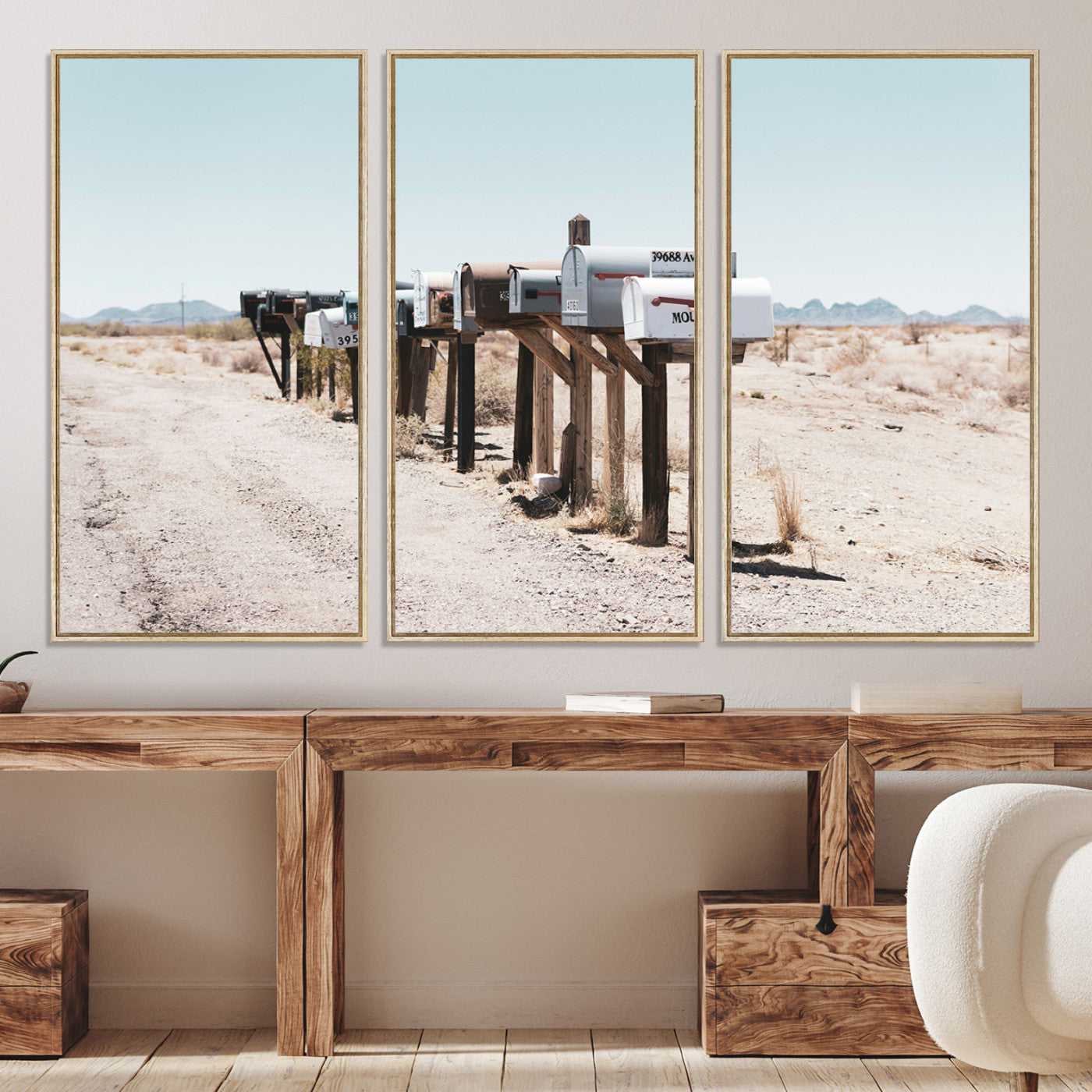 54616109-MGV-CV-36X24-Desert Mailboxes Canvas Print – Minimal Western Landscape Photography, Rustic Americana Wall Art for Entryway, Office & Hallway Decor