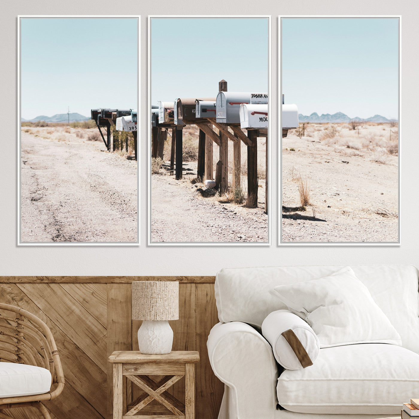 54616109-MGV-CV-36X24-Desert Mailboxes Canvas Print – Minimal Western Landscape Photography, Rustic Americana Wall Art for Entryway, Office & Hallway Decor