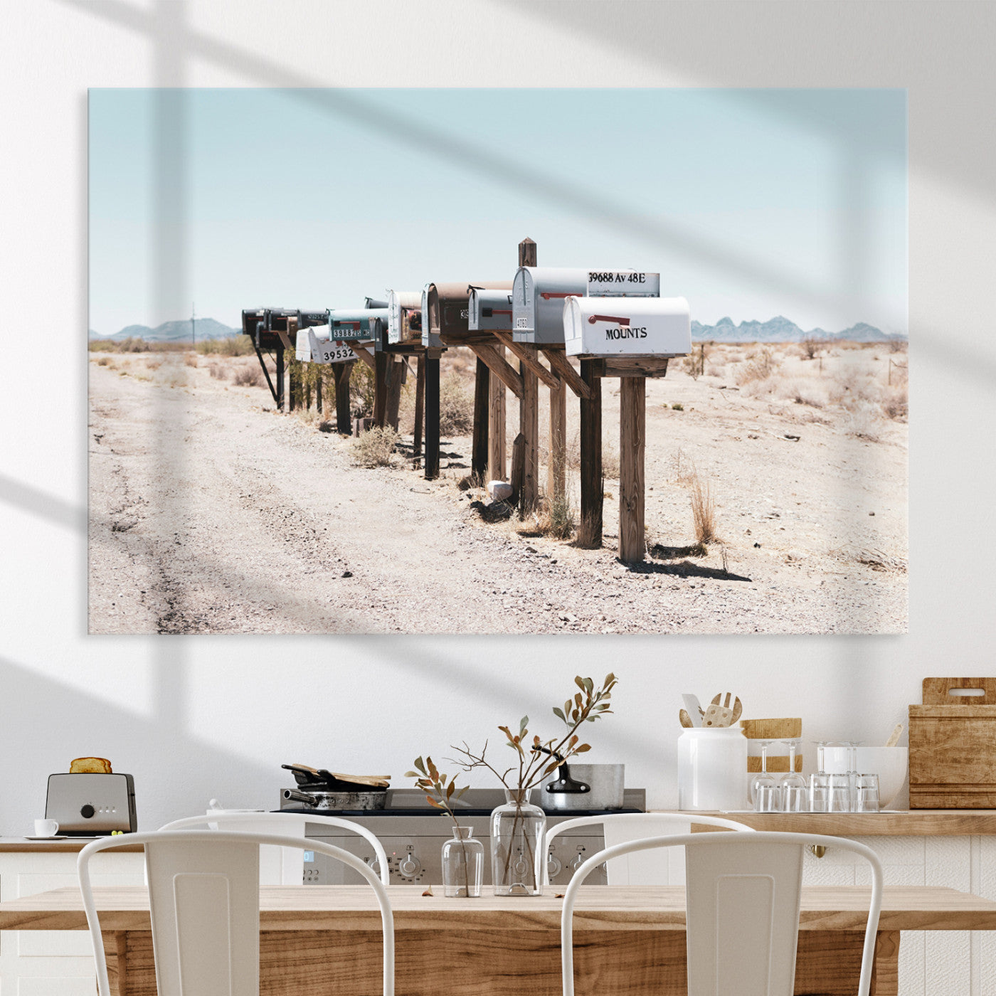 54616109-MGV-CV-36X24-Desert Mailboxes Canvas Print – Minimal Western Landscape Photography, Rustic Americana Wall Art for Entryway, Office & Hallway Decor