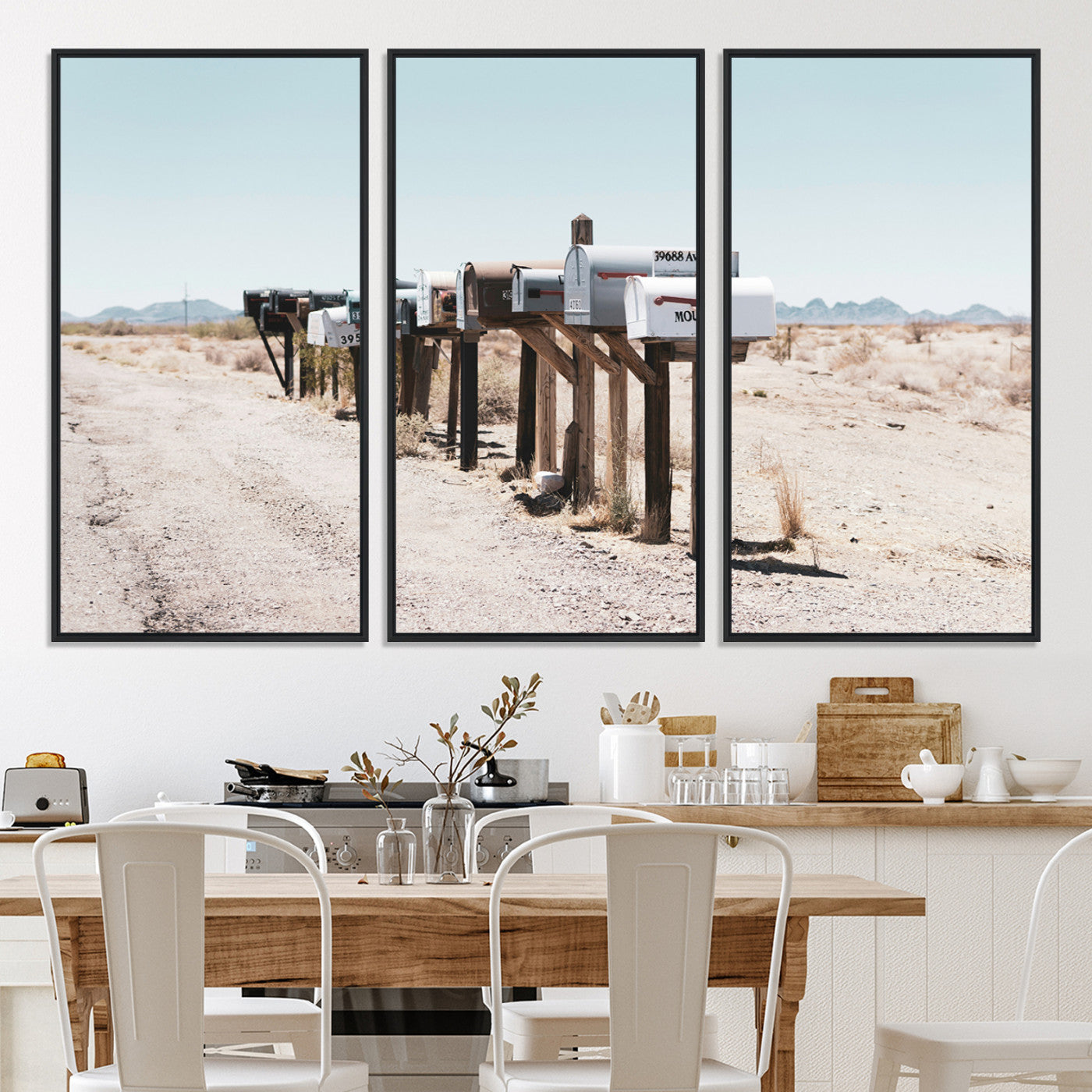 54616109-MGV-CV-36X24-Desert Mailboxes Canvas Print – Minimal Western Landscape Photography, Rustic Americana Wall Art for Entryway, Office & Hallway Decor