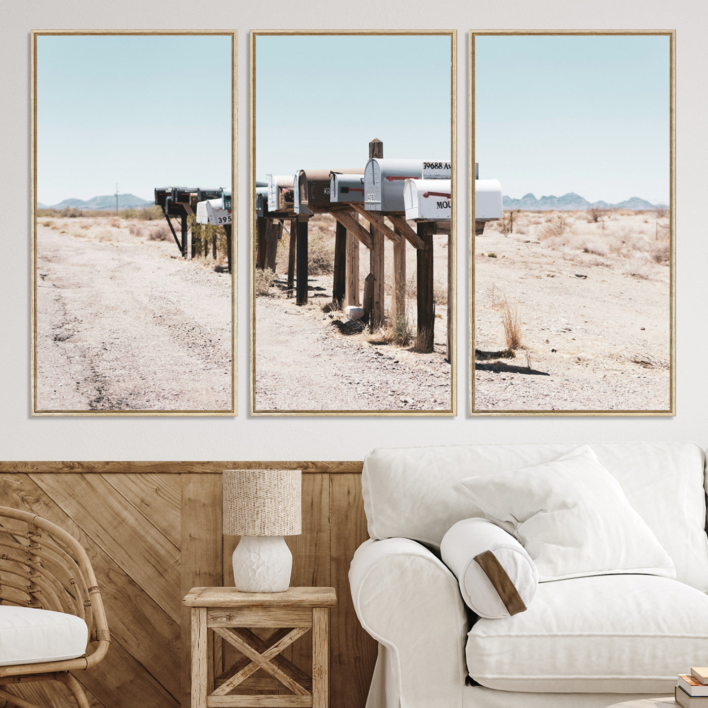 54616109-MGV-CV-36X24-Desert Mailboxes Canvas Print – Minimal Western Landscape Photography, Rustic Americana Wall Art for Entryway, Office & Hallway Decor