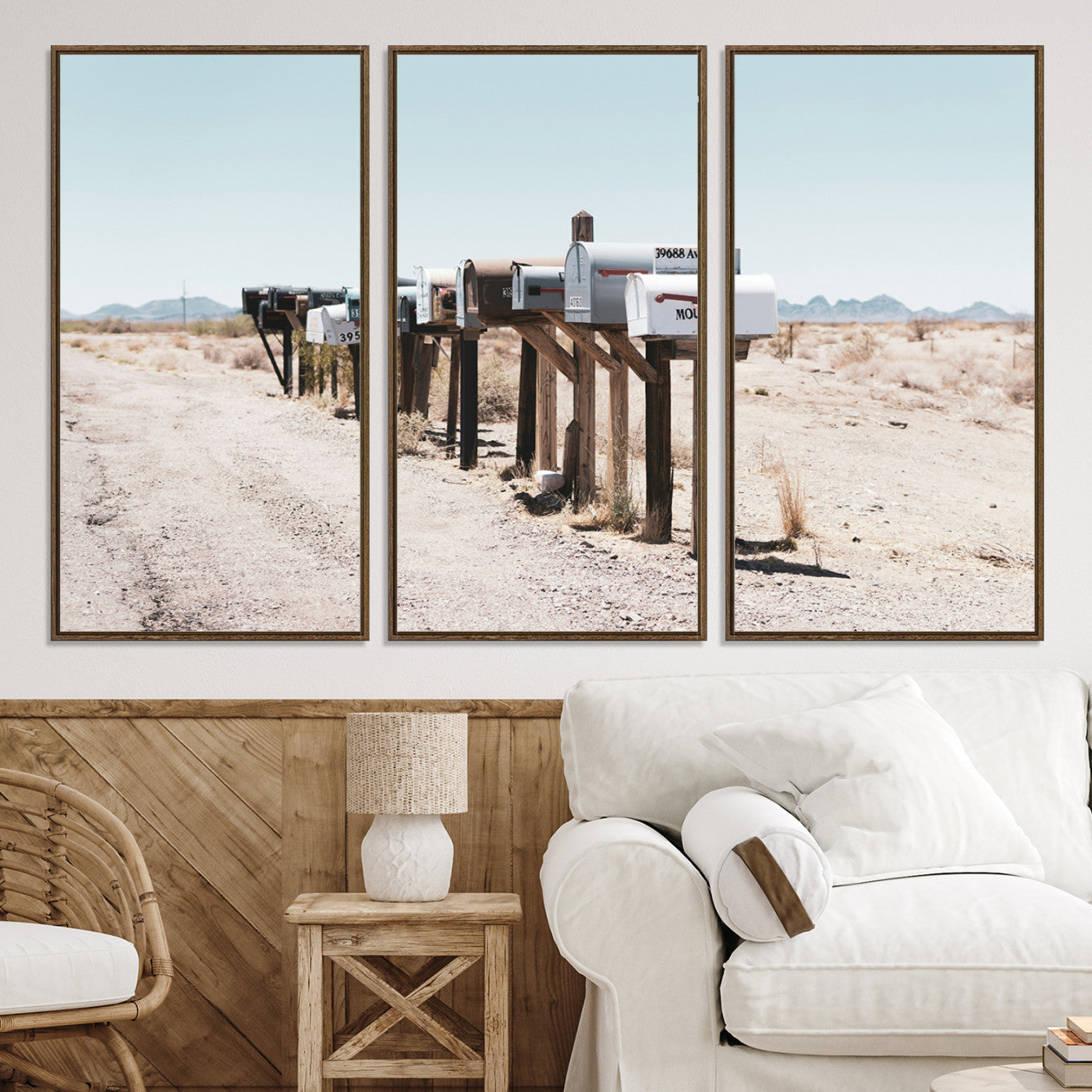 54616109-MGV-CV-36X24-Desert Mailboxes Canvas Print – Minimal Western Landscape Photography, Rustic Americana Wall Art for Entryway, Office & Hallway Decor