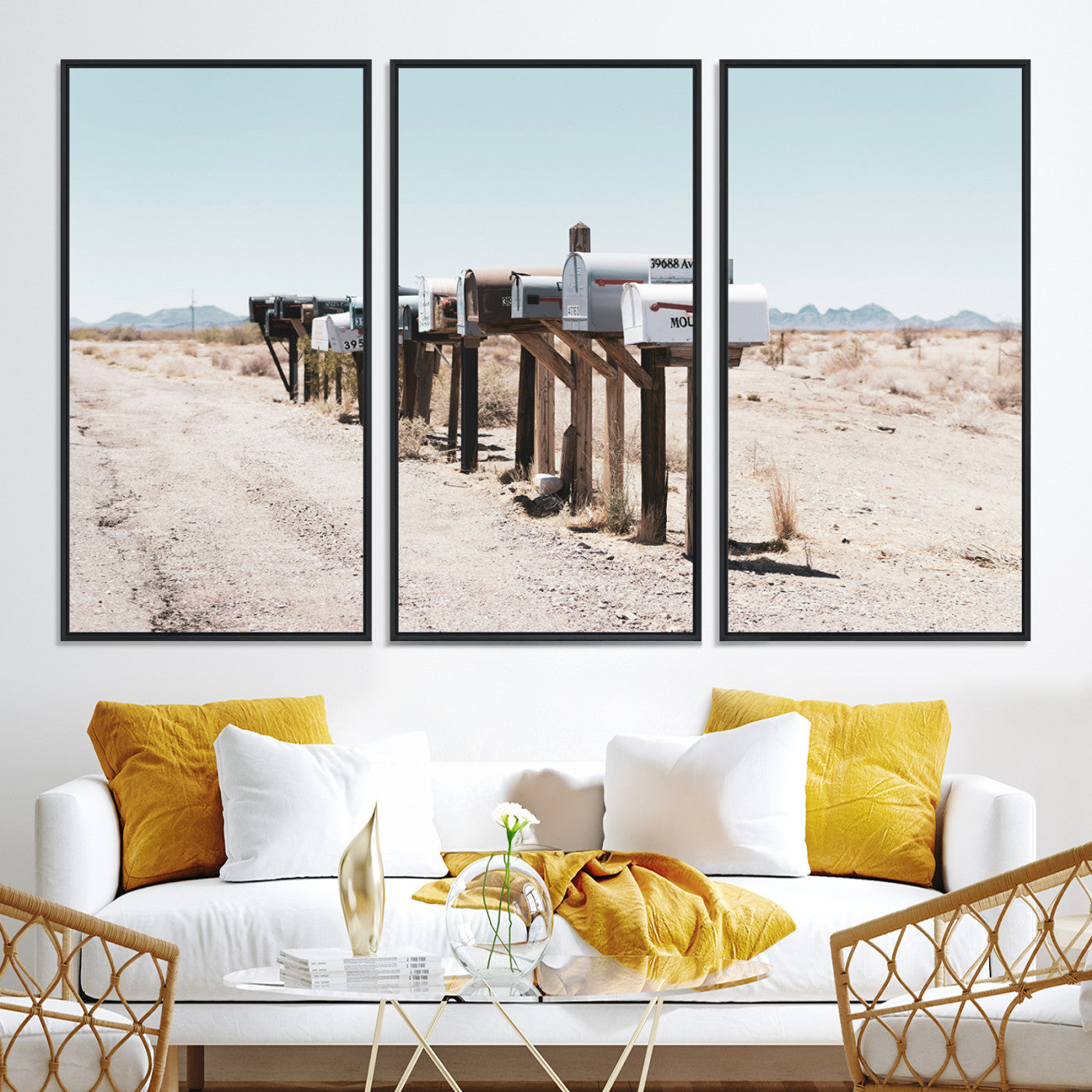 54616109-MGV-CV-36X24-Desert Mailboxes Canvas Print – Minimal Western Landscape Photography, Rustic Americana Wall Art for Entryway, Office & Hallway Decor