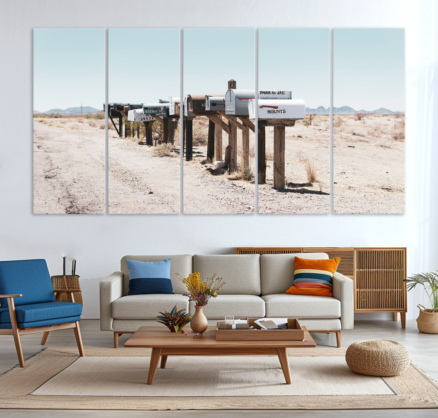 54616109-MGV-CV-36X24-Desert Mailboxes Canvas Print – Minimal Western Landscape Photography, Rustic Americana Wall Art for Entryway, Office & Hallway Decor