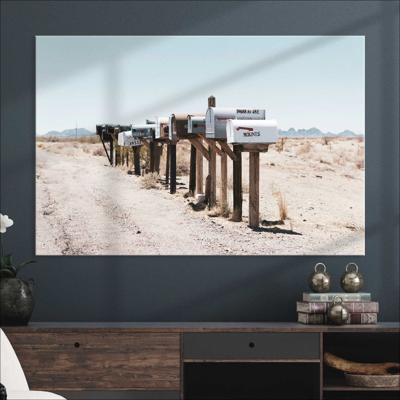 54616109-MGV-CV-36X24-Desert Mailboxes Canvas Print – Minimal Western Landscape Photography, Rustic Americana Wall Art for Entryway, Office & Hallway Decor