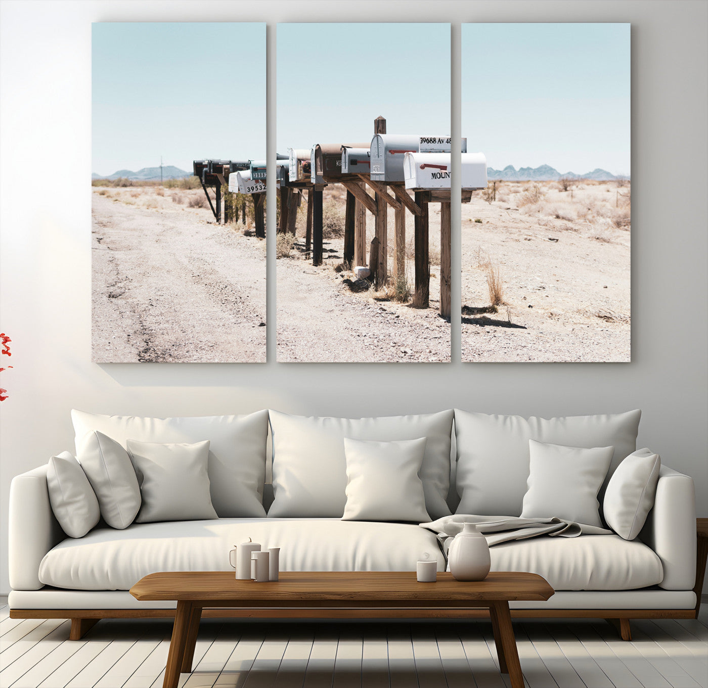 54616109-MGV-CV-48X32-3P-Desert Mailboxes Canvas Print – Minimal Western Landscape Photography, Rustic Americana Wall Art for Entryway, Office & Hallway Decor