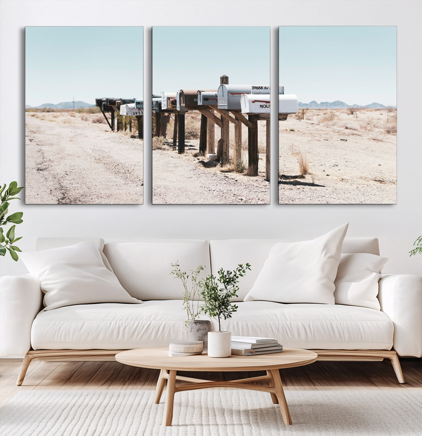 54616109-MGV-CV-60X30-3P-Desert Mailboxes Canvas Print – Minimal Western Landscape Photography, Rustic Americana Wall Art for Entryway, Office & Hallway Decor
