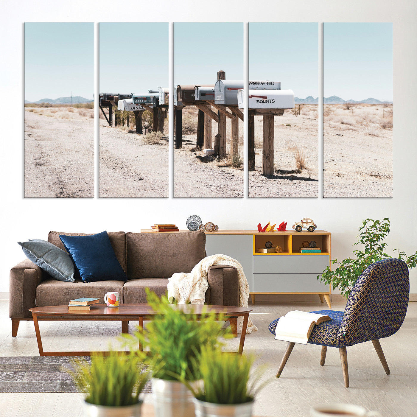 54616109-MGV-CV-60X31-5P-Desert Mailboxes Canvas Print – Minimal Western Landscape Photography, Rustic Americana Wall Art for Entryway, Office & Hallway Decor