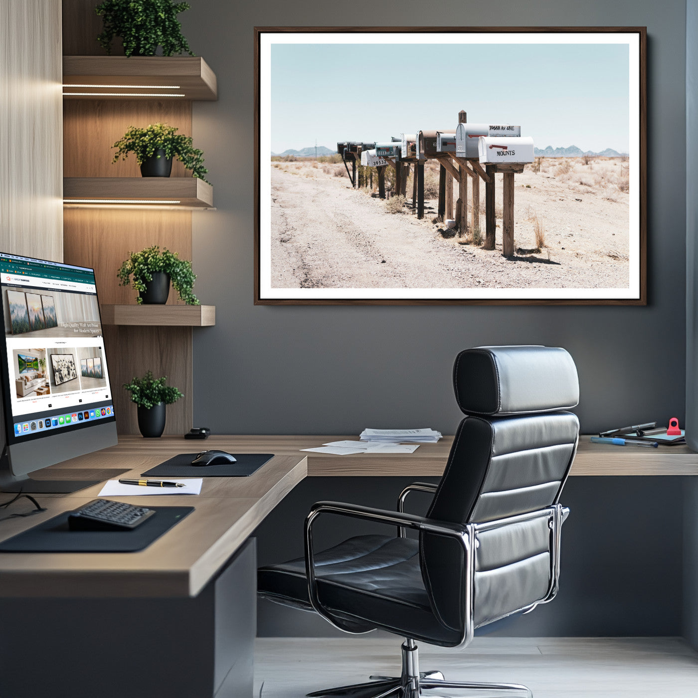 54616109-MGV-CV-36X24-Desert Mailboxes Canvas Print – Minimal Western Landscape Photography, Rustic Americana Wall Art for Entryway, Office & Hallway Decor
