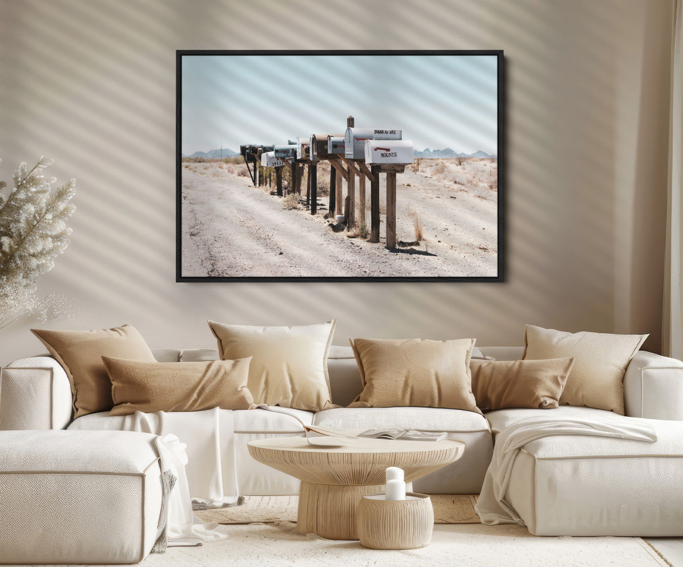 54616109-MGV-FC-36X24_Black-Desert Mailboxes Canvas Print – Minimal Western Landscape Photography, Rustic Americana Wall Art for Entryway, Office & Hallway Decor