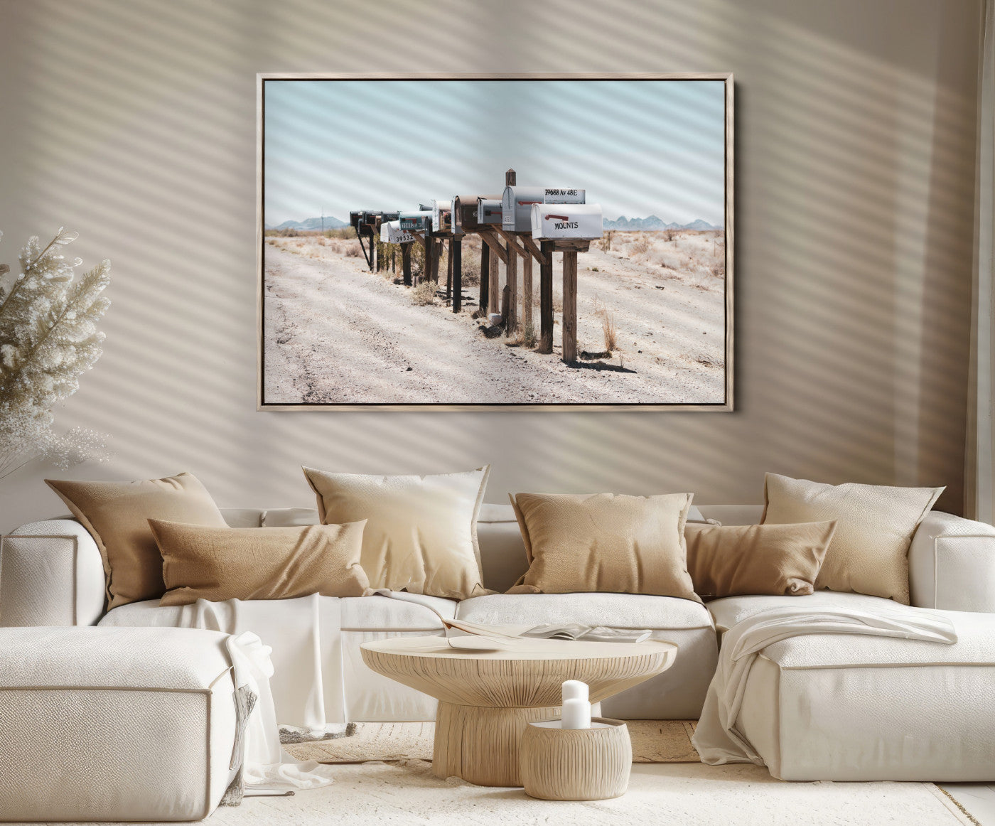 54616109-MGV-FC-36X24_Natural-Desert Mailboxes Canvas Print – Minimal Western Landscape Photography, Rustic Americana Wall Art for Entryway, Office & Hallway Decor