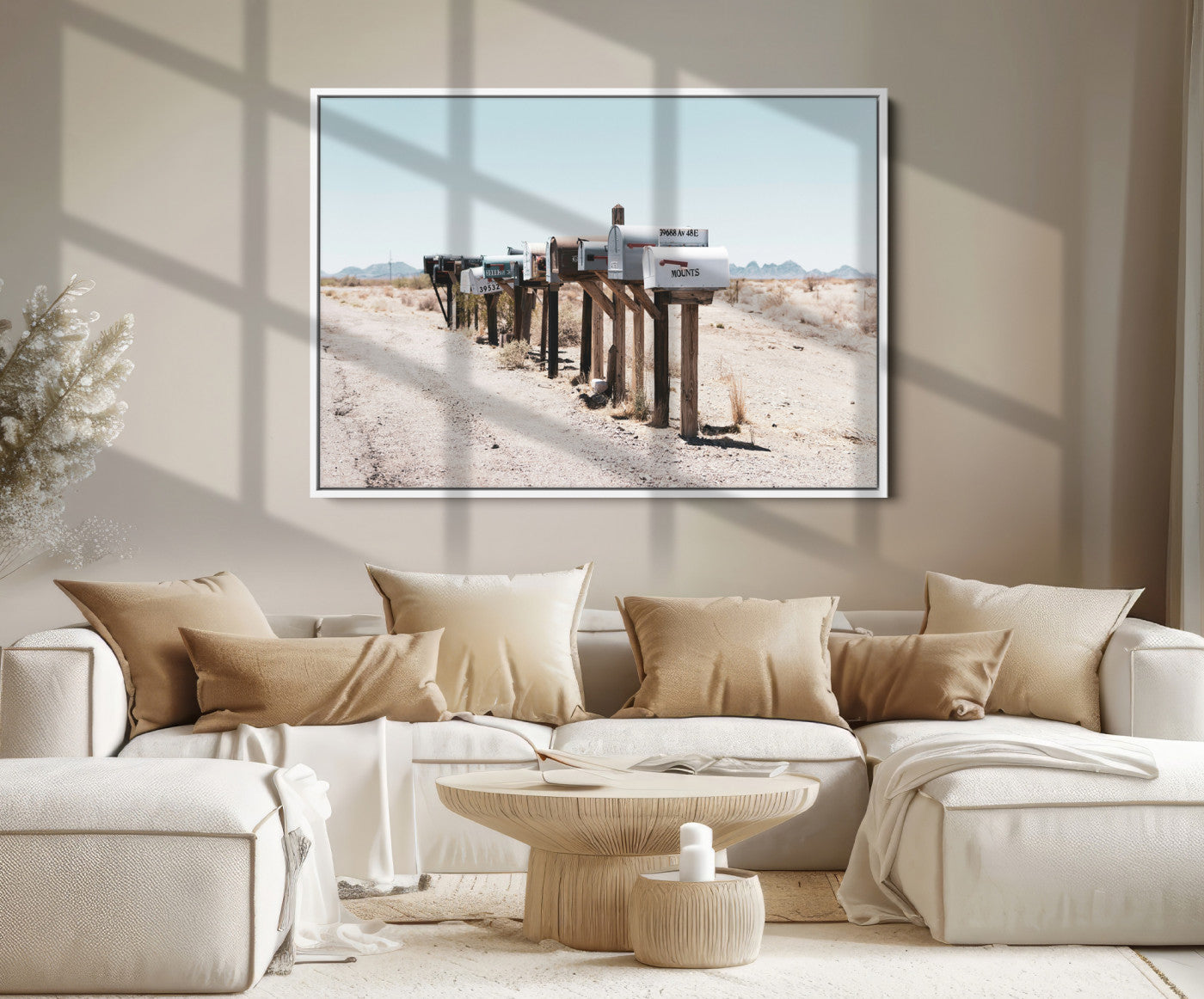 54616109-MGV-FC-36X24_White-Desert Mailboxes Canvas Print – Minimal Western Landscape Photography, Rustic Americana Wall Art for Entryway, Office & Hallway Decor