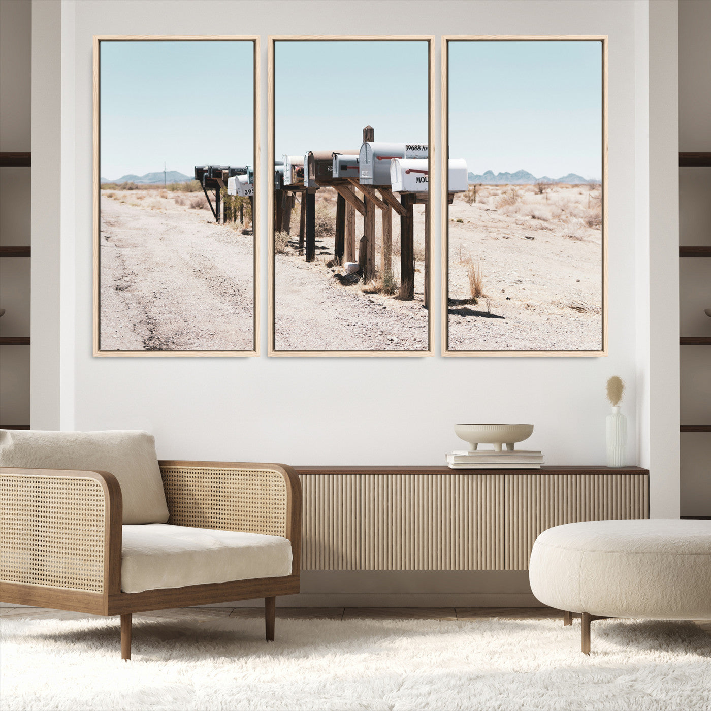 54616109-MGV-FC-48X32-3P_Natural-Desert Mailboxes Canvas Print – Minimal Western Landscape Photography, Rustic Americana Wall Art for Entryway, Office & Hallway Decor