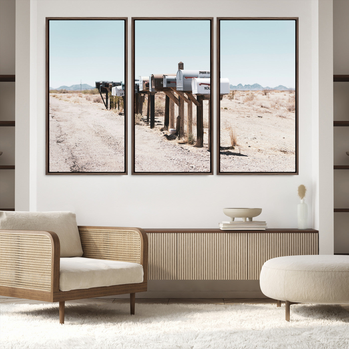 54616109-MGV-FC-48X32-3P_Walnut-Desert Mailboxes Canvas Print – Minimal Western Landscape Photography, Rustic Americana Wall Art for Entryway, Office & Hallway Decor