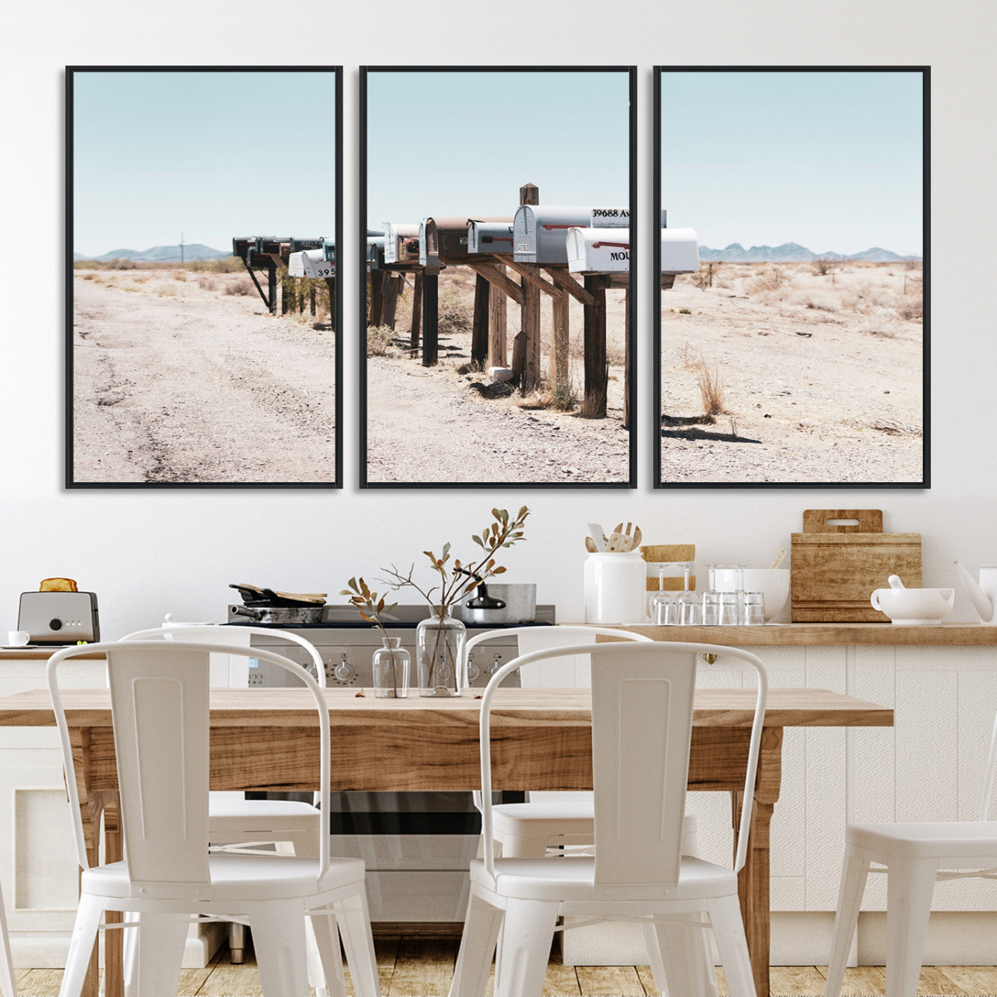 54616109-MGV-FC-60X30-3P_Black-Desert Mailboxes Canvas Print – Minimal Western Landscape Photography, Rustic Americana Wall Art for Entryway, Office & Hallway Decor