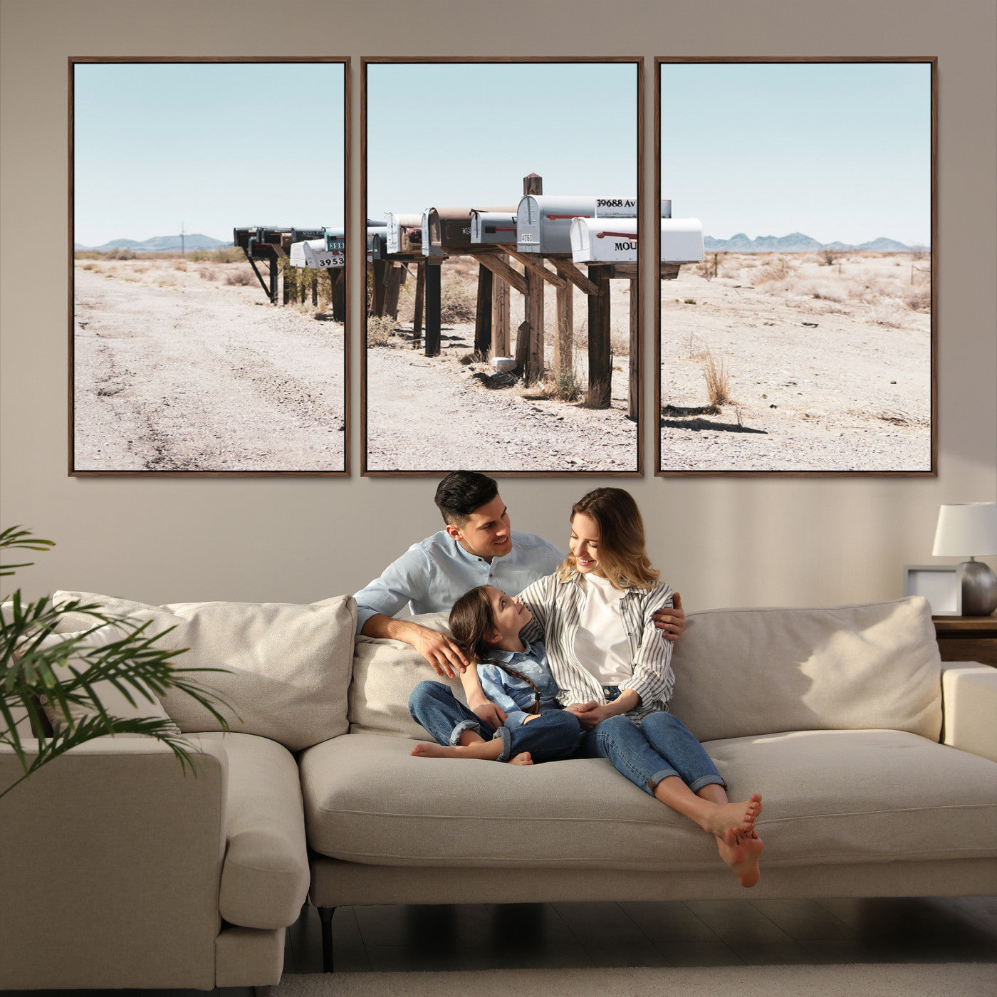 54616109-MGV-FC-60X30-3P_Walnut-Desert Mailboxes Canvas Print – Minimal Western Landscape Photography, Rustic Americana Wall Art for Entryway, Office & Hallway Decor
