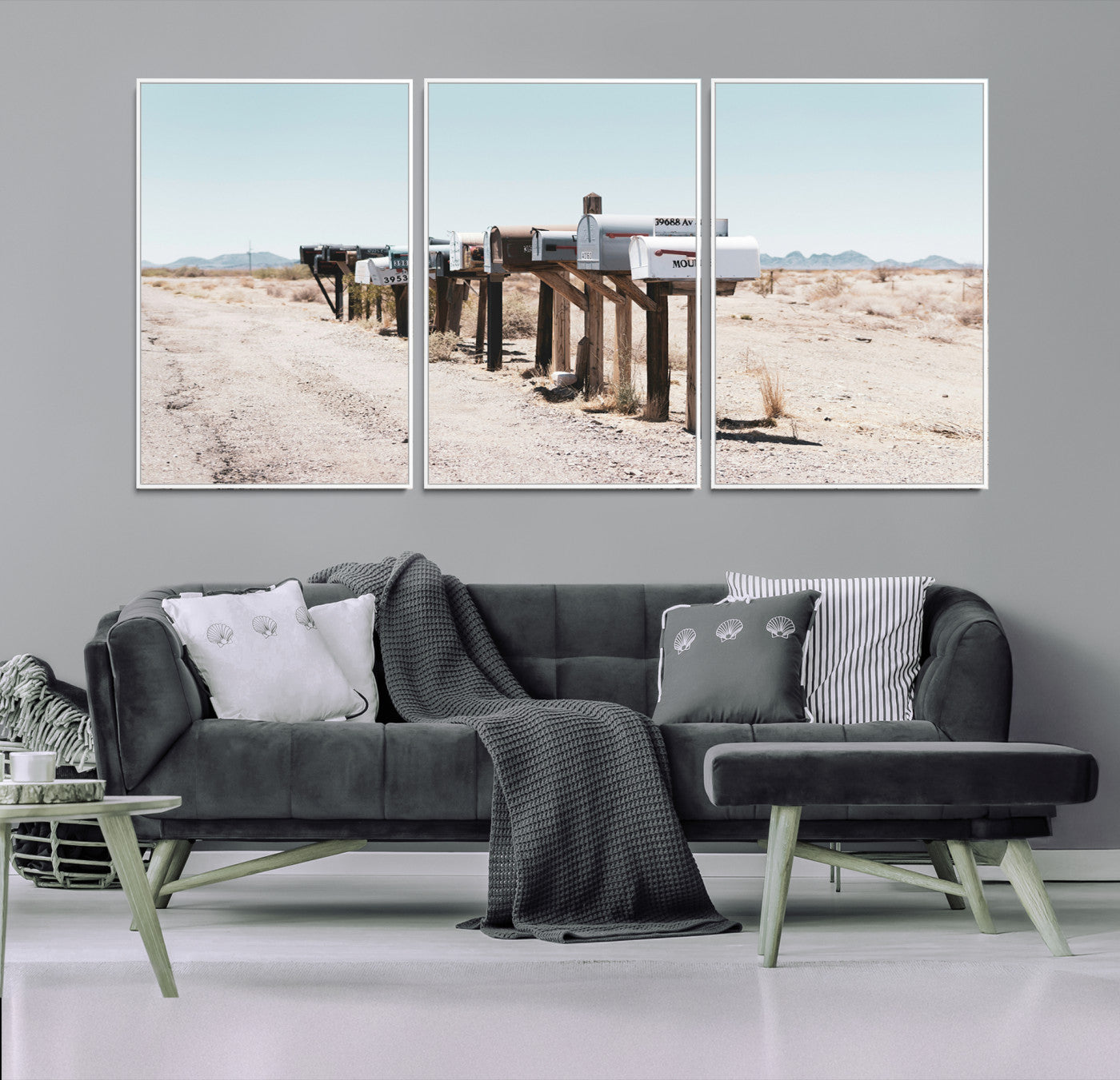 54616109-MGV-FC-60X30-3P_White-Desert Mailboxes Canvas Print – Minimal Western Landscape Photography, Rustic Americana Wall Art for Entryway, Office & Hallway Decor