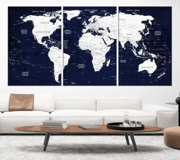 The living room features the Detailed World Map Class Canvas Print Wall Art, presented on gallery-wrapped, museum-quality canvas with a UV-protective coating in blue and white.