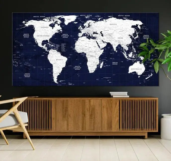 The living room features the Detailed World Map Class Canvas Print Wall Art, presented on gallery-wrapped, museum-quality canvas with a UV-protective coating in blue and white.