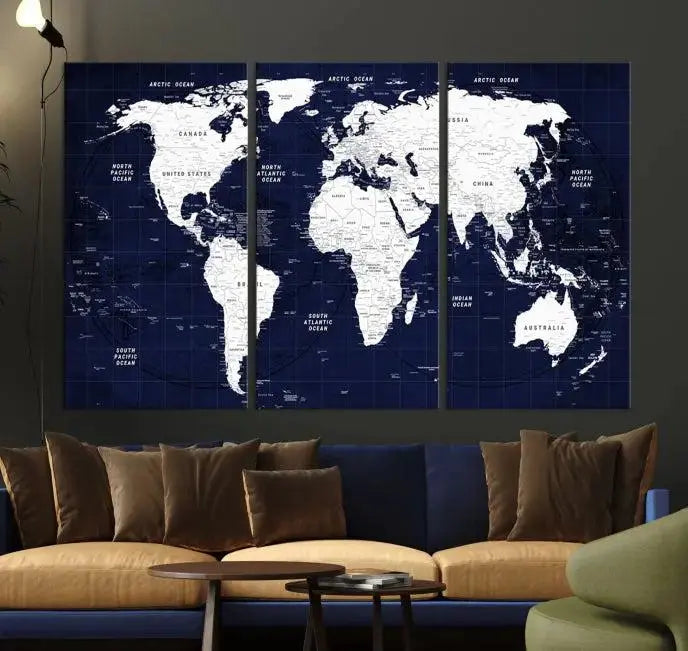 The living room features the Detailed World Map Class Canvas Print Wall Art, presented on gallery-wrapped, museum-quality canvas with a UV-protective coating in blue and white.