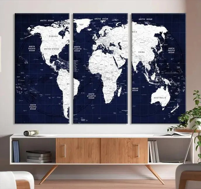 The living room features the Detailed World Map Class Canvas Print Wall Art, presented on gallery-wrapped, museum-quality canvas with a UV-protective coating in blue and white.