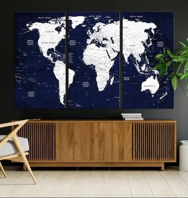 The living room features the Detailed World Map Class Canvas Print Wall Art, presented on gallery-wrapped, museum-quality canvas with a UV-protective coating in blue and white.