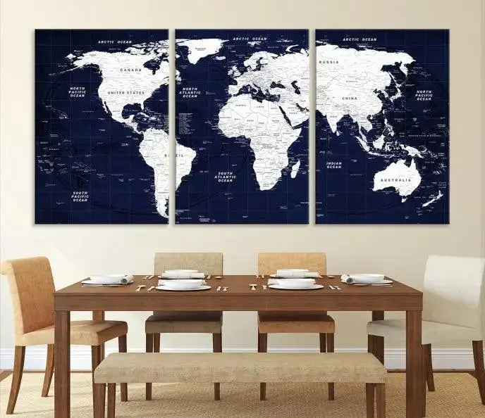 The living room features the Detailed World Map Class Canvas Print Wall Art, presented on gallery-wrapped, museum-quality canvas with a UV-protective coating in blue and white.