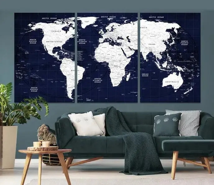 The living room features the Detailed World Map Class Canvas Print Wall Art, presented on gallery-wrapped, museum-quality canvas with a UV-protective coating in blue and white.