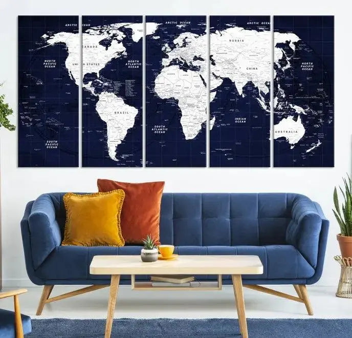 The living room features the Detailed World Map Class Canvas Print Wall Art, presented on gallery-wrapped, museum-quality canvas with a UV-protective coating in blue and white.