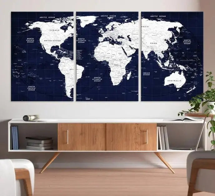 The living room features the Detailed World Map Class Canvas Print Wall Art, presented on gallery-wrapped, museum-quality canvas with a UV-protective coating in blue and white.