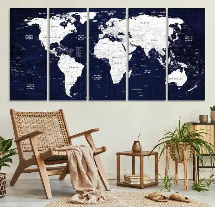 The living room features the Detailed World Map Class Canvas Print Wall Art, presented on gallery-wrapped, museum-quality canvas with a UV-protective coating in blue and white.