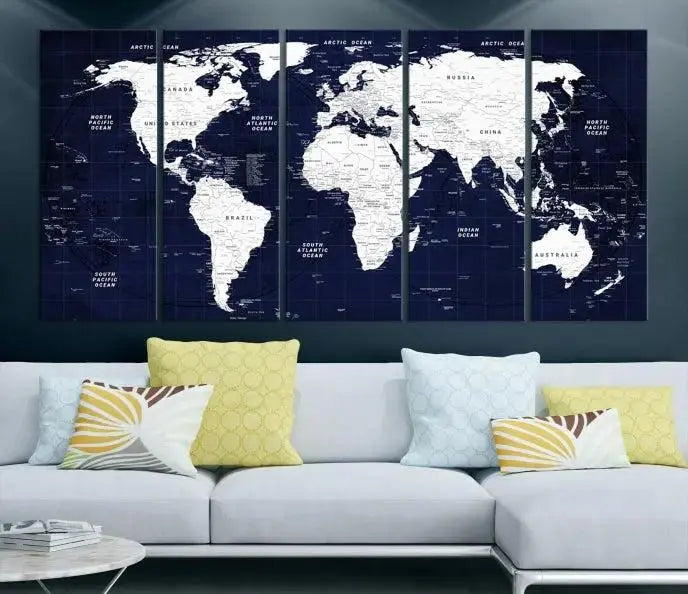 The living room features the Detailed World Map Class Canvas Print Wall Art, presented on gallery-wrapped, museum-quality canvas with a UV-protective coating in blue and white.