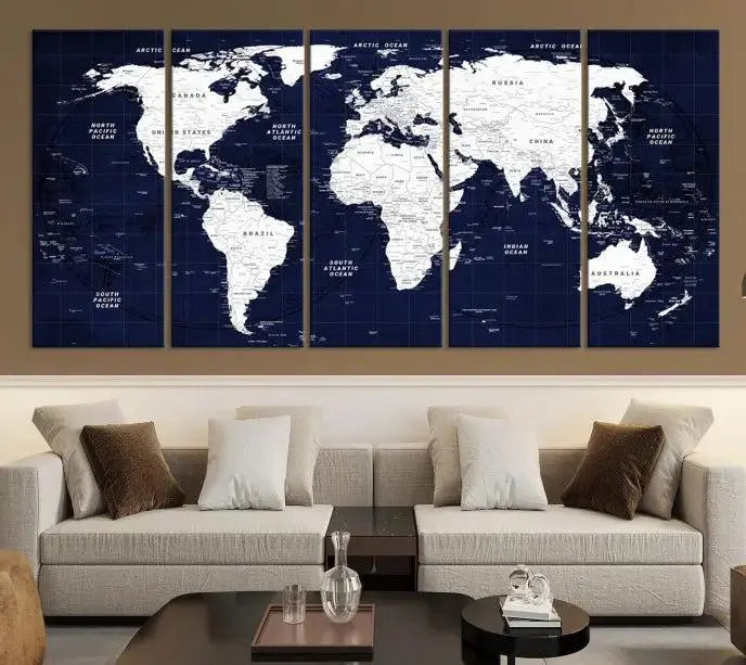 The living room features the Detailed World Map Class Canvas Print Wall Art, presented on gallery-wrapped, museum-quality canvas with a UV-protective coating in blue and white.